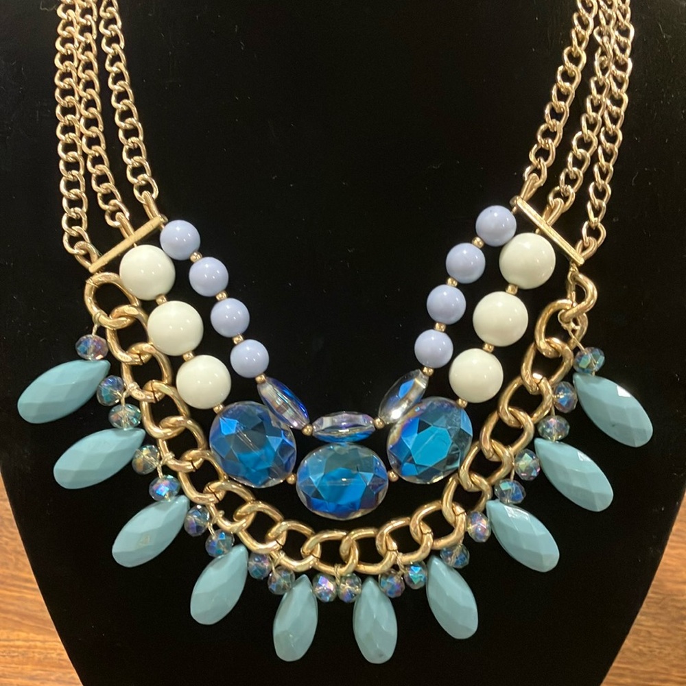 Talbots Blue‎ Turquoise Beaded Triple Strand Golden Collar Statement Necklace